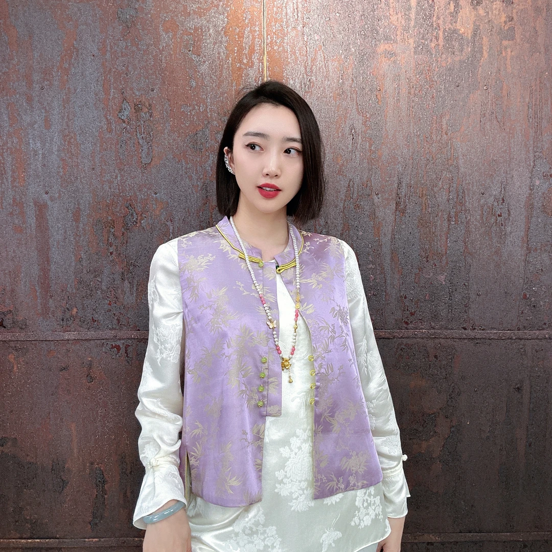 新中式高定国风时尚桑蚕丝醋酸提花立领马甲潮牌马夹HF-870201