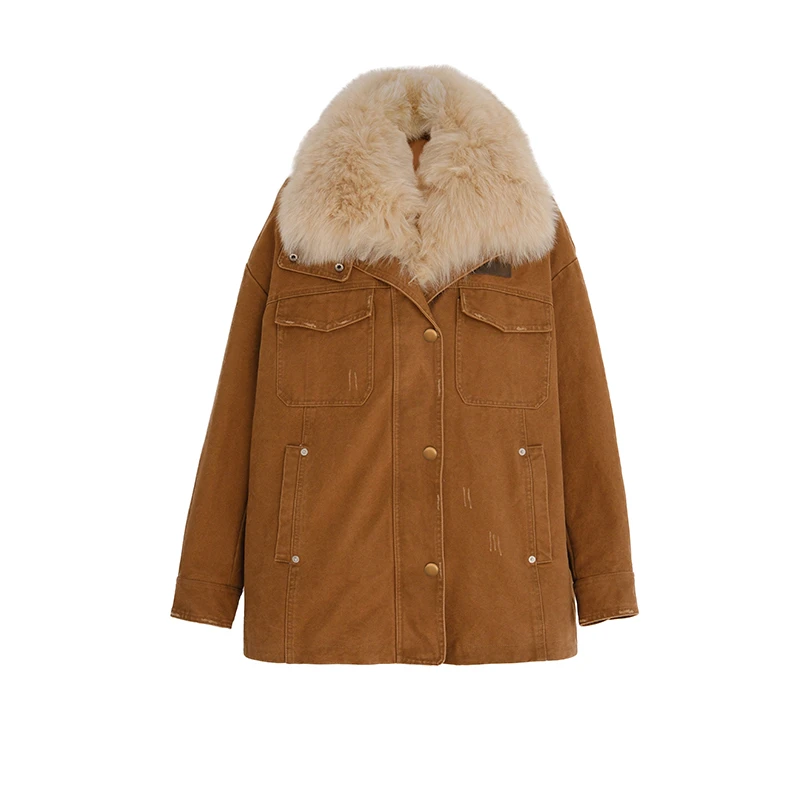 【SIEW】新品25秋冬牛仔拼可拆卸狐狸毛皮草领100%鹅绒羽绒服外套女