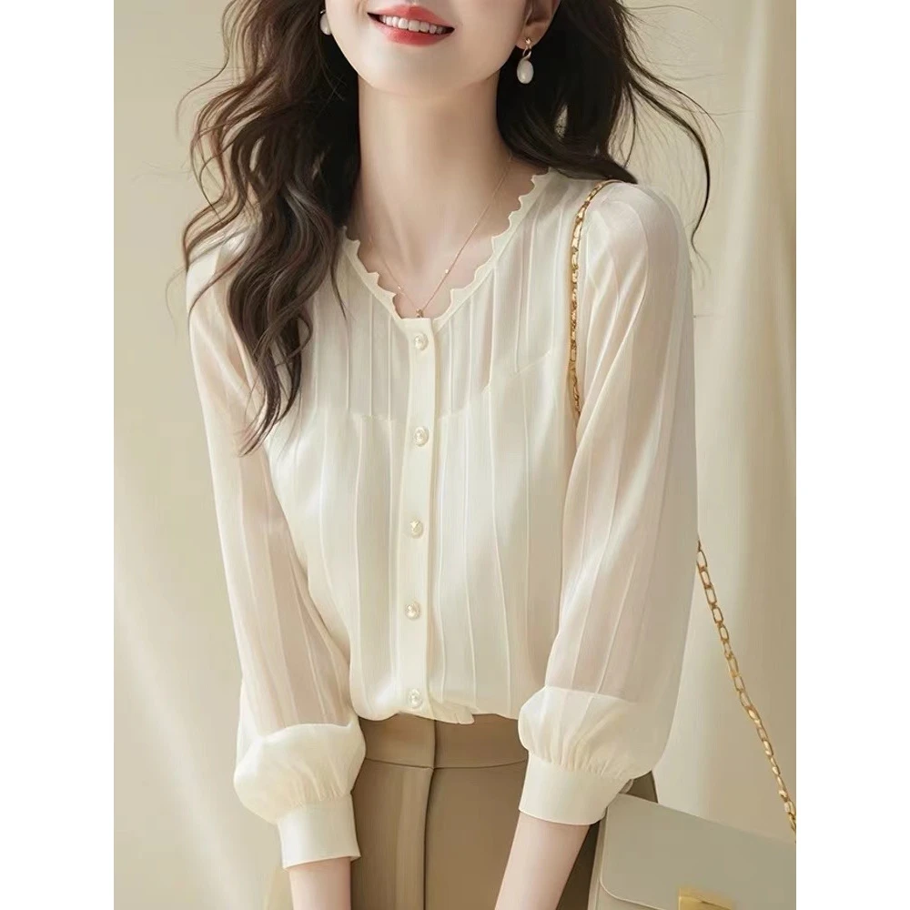 法式遮肚子职场通勤穿搭上衣超好看气质白色雪纺衬衫早春新款女