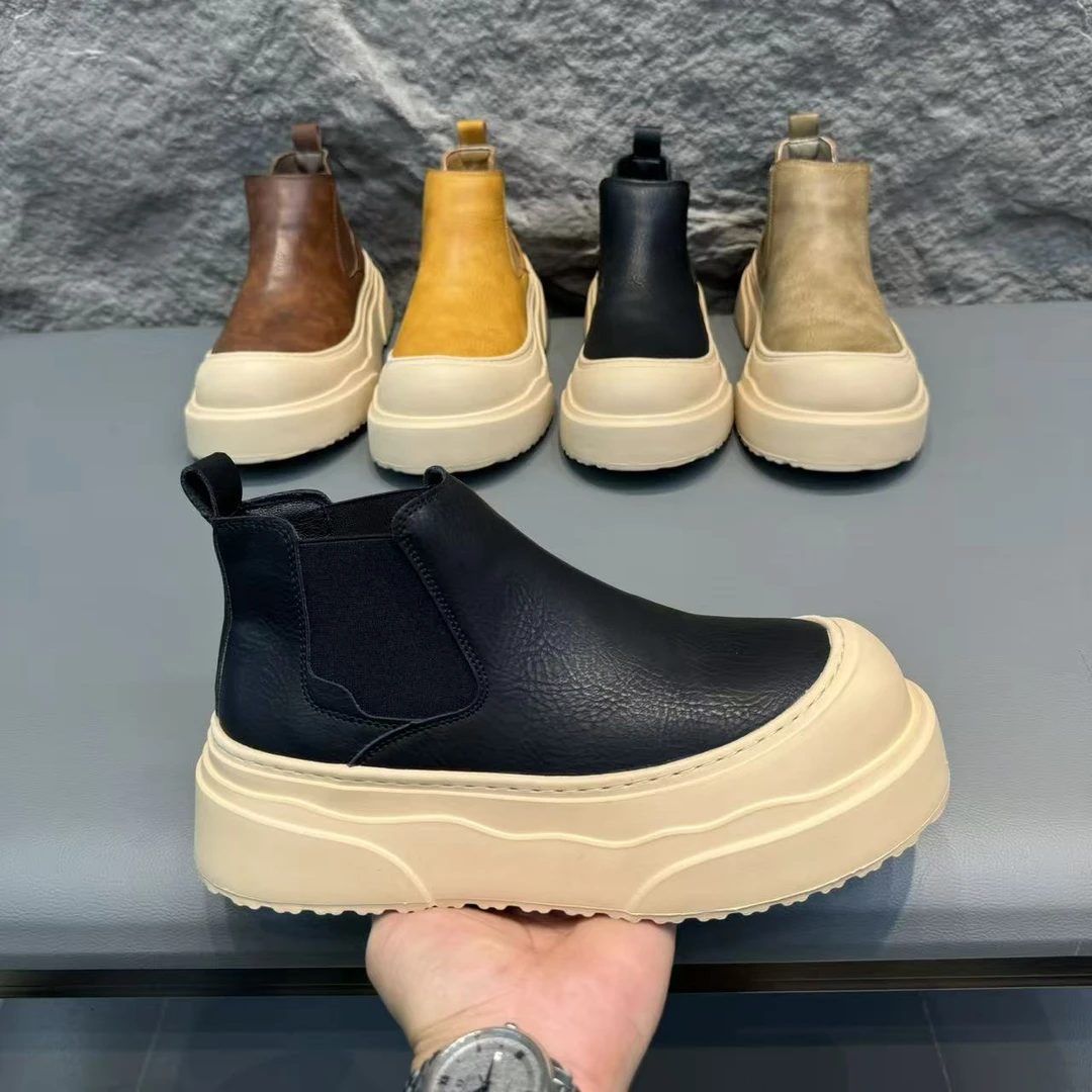 T5537潮流马丁靴单棉同款一脚蹬休闲男鞋冬季时尚压花皮男士短靴