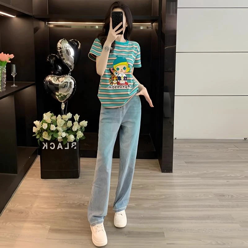 夏装时尚显瘦穿搭一整套蓝色条纹卡通T恤上衣牛仔裤休闲两件套女