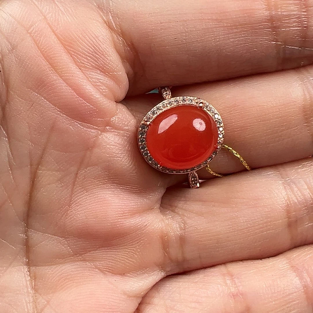 南红玛瑙南红戒指银S925镶嵌叶*花