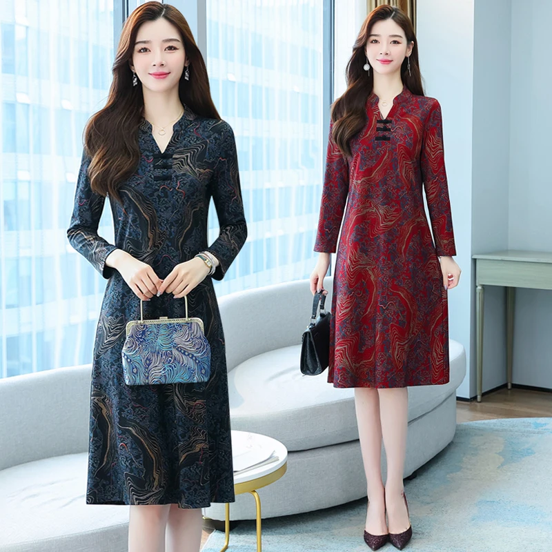 春秋季妈妈装旗袍改良版洋气时尚气质显瘦过膝长裙长袖a字裙高贵