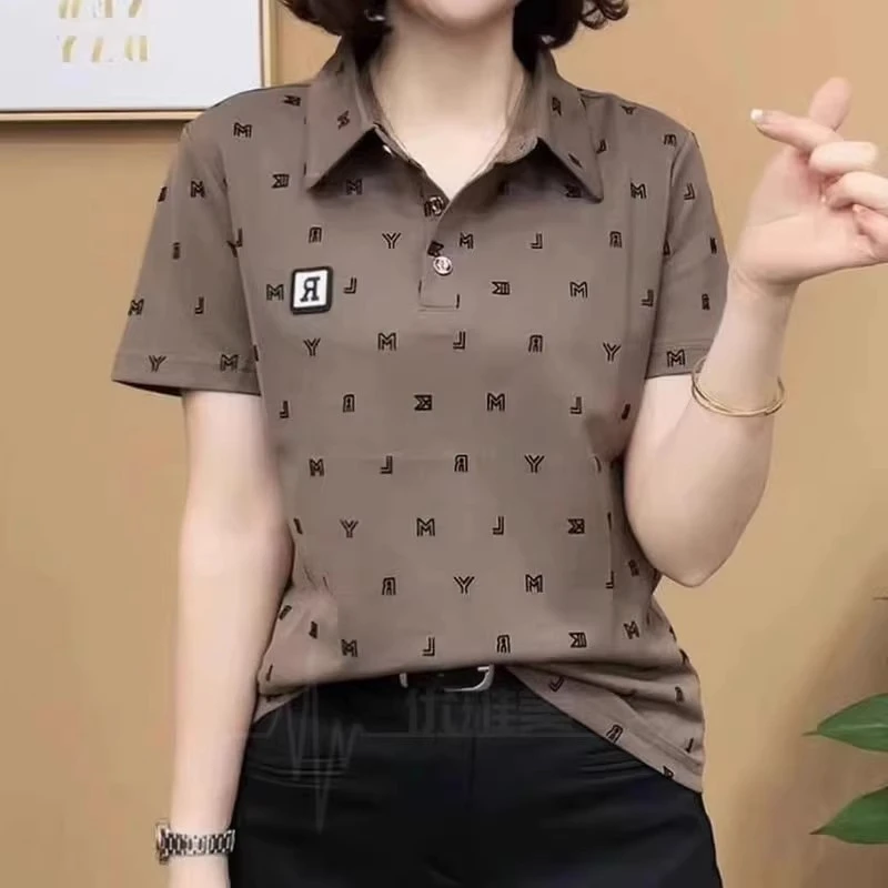 100%品质妈妈翻领短袖t恤女夏季新款polo中年人运动休闲上衣大码