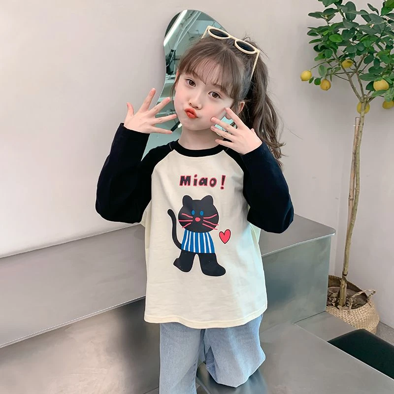 女童中大童长袖插色t恤时髦洋气春秋薄款儿童字母网红潮牌上衣服