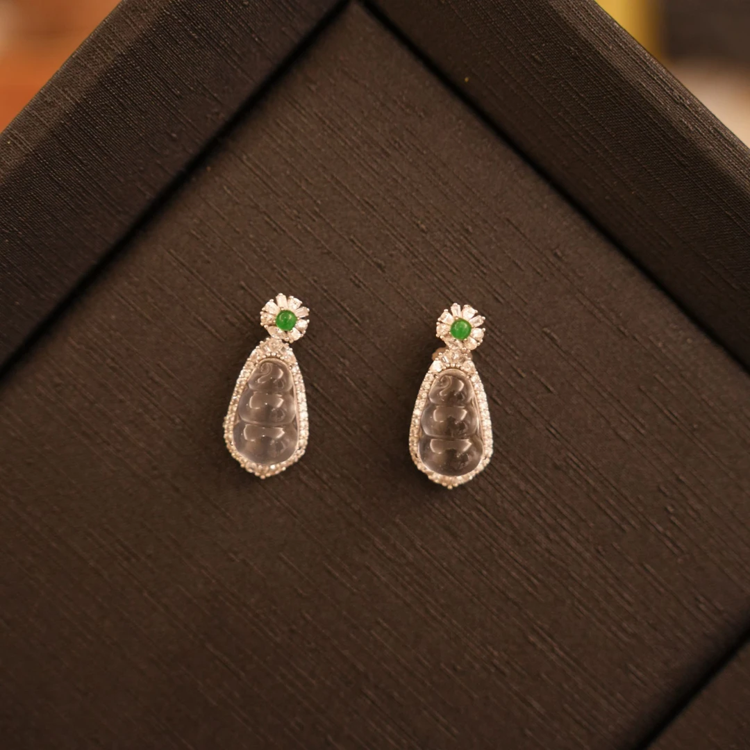 天然2706石英质玉水沫四季豆S925银镶  国风新中式多样性发一