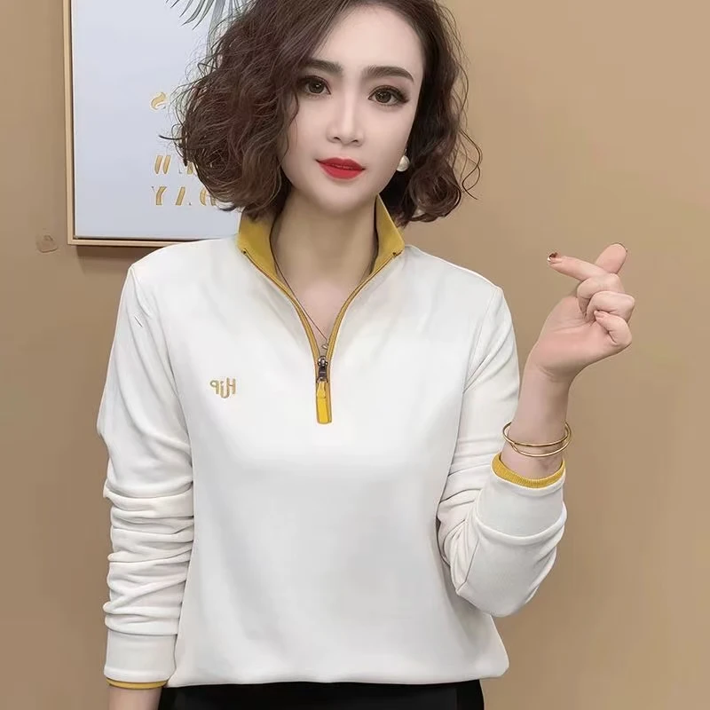 半拉链拼色长袖T恤女修身显瘦卫衣宽松休闲遮肉打底衫4-087