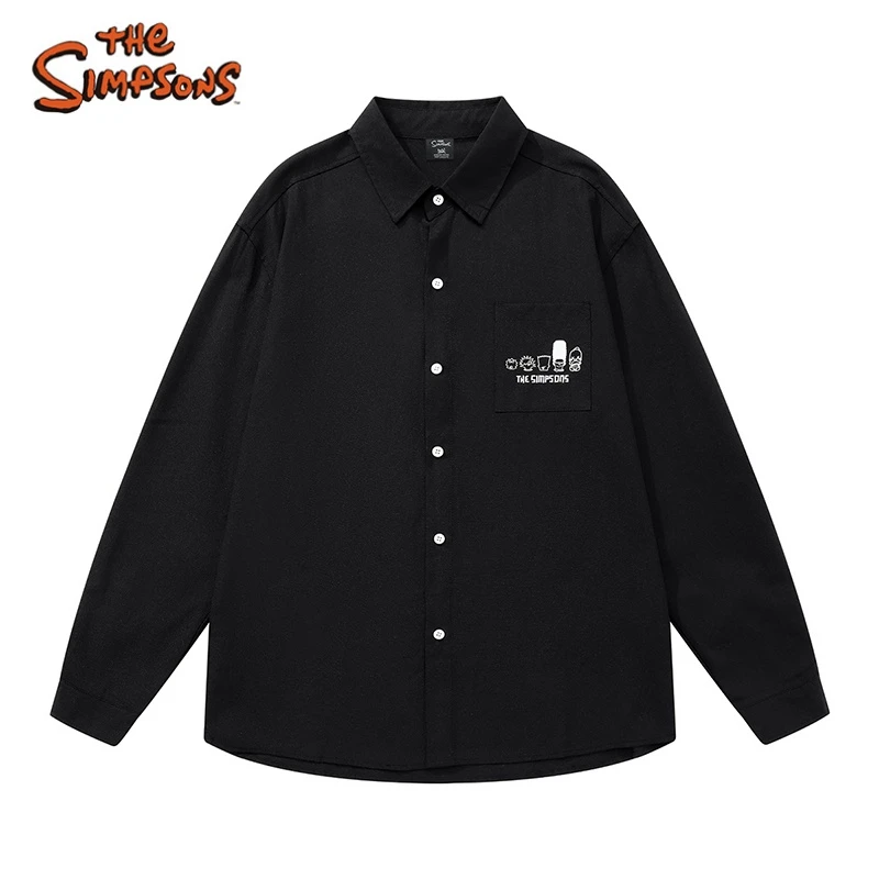 The Simpsons 美式印花叠穿宽松学生多巴胺翻领长袖衬衫 男女同款