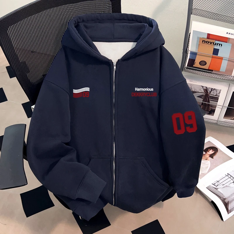 jtrt美式创意字母印花秋冬季潮牌设计感藏青色连帽开衫拉链款外套