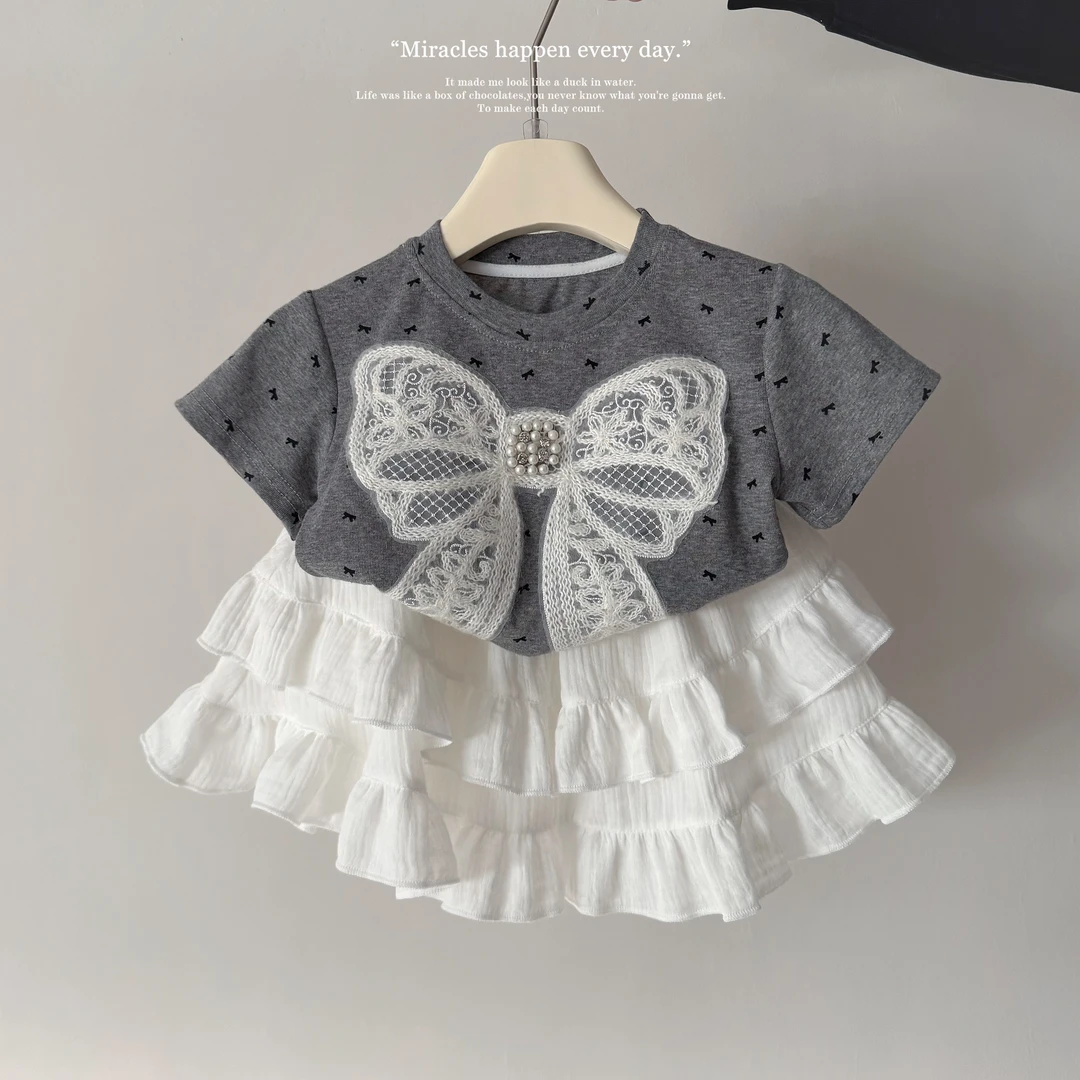 女童夏款套装满印蝴蝶结短袖上衣蛋糕半身裙套装女孩夏天潮 6020