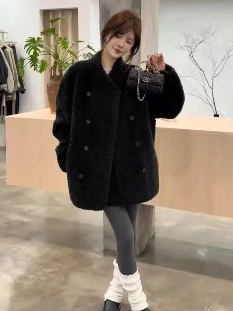 Y198859-中长款宽松双排扣毛毛外套女2025冬季新款显瘦好看