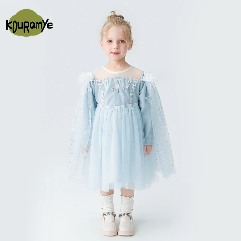 酷娃米2025年秋季新款中小童披肩羽毛网纱公主连衣裙40120