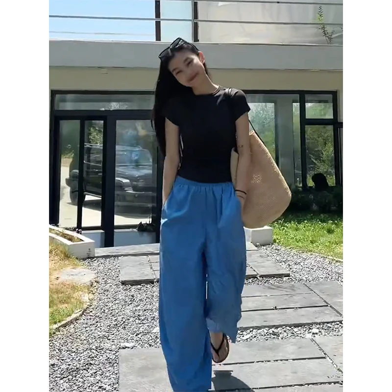 parkyeon夏季新款圆领正肩短袖T恤上衣简约宽松阔腿休闲裤套装女