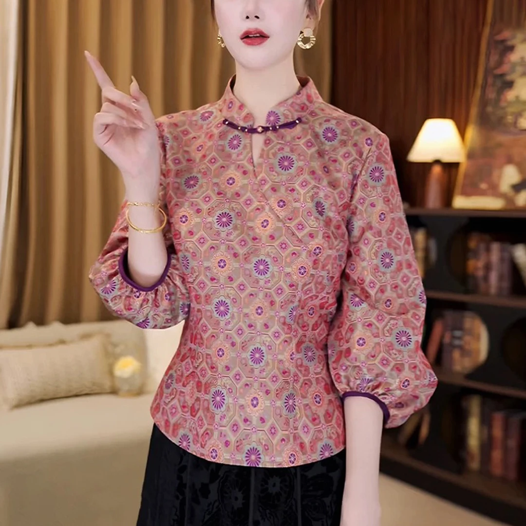 2025早秋新中式国风年轻款提花立领衬衫女气质显瘦收腰唐装上衣
