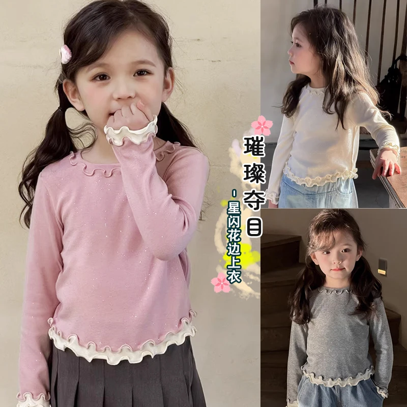女童春装长袖T恤女宝甜美花边假两件长袖打底衫春秋韩版洋气上衣