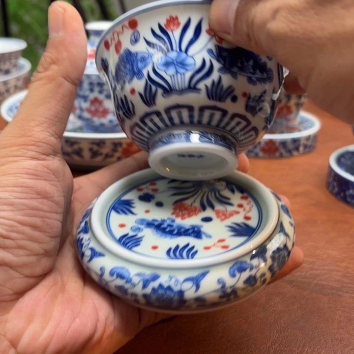 盖碗鱼藻纹压手杯送一个同款盖置景德镇发货