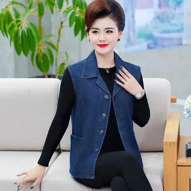 中老年女士马夹外穿妈妈春装外短款棉质牛仔布绒背心坎肩上衣秋