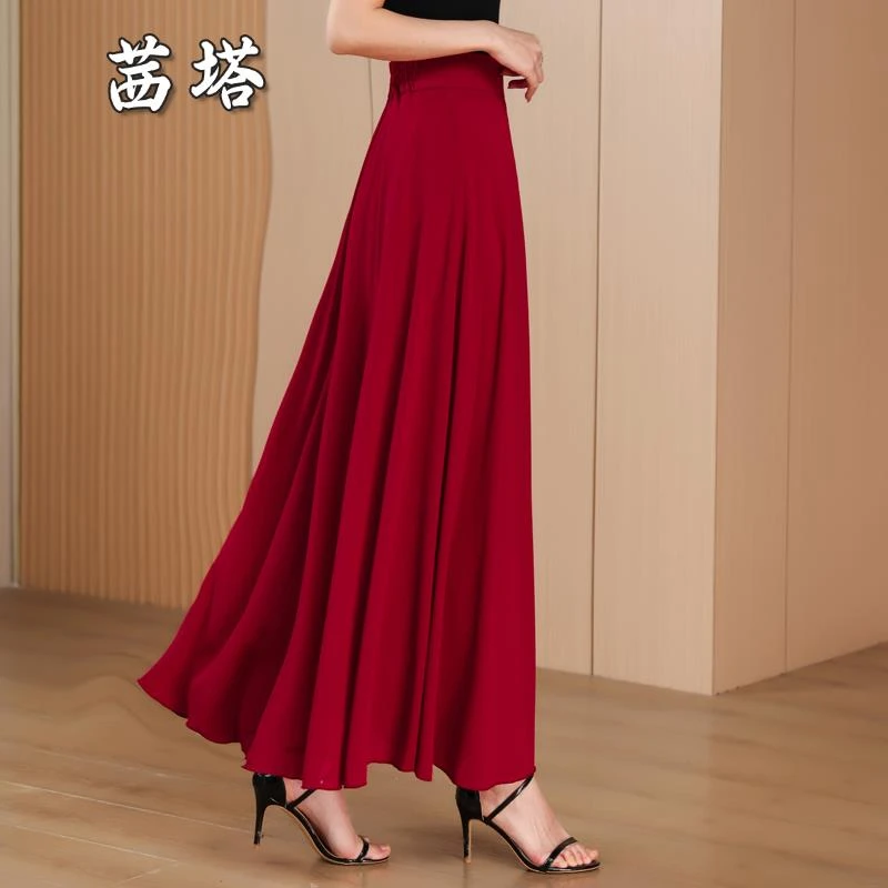 雪纺酒红色半身裙女长裙2025夏新款大摆大码纯色显瘦A字长款伞裙