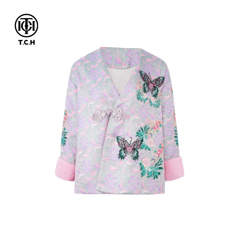 山东-TCH国风盘扣斜襟烫钻蝴蝶毛毛袖厚新中式棉服外套T72D186020