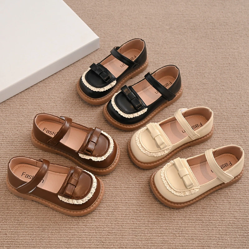 2025春季新款女宝宝软底蕾丝边蝴蝶结公主鞋魔术贴单鞋儿童学生鞋