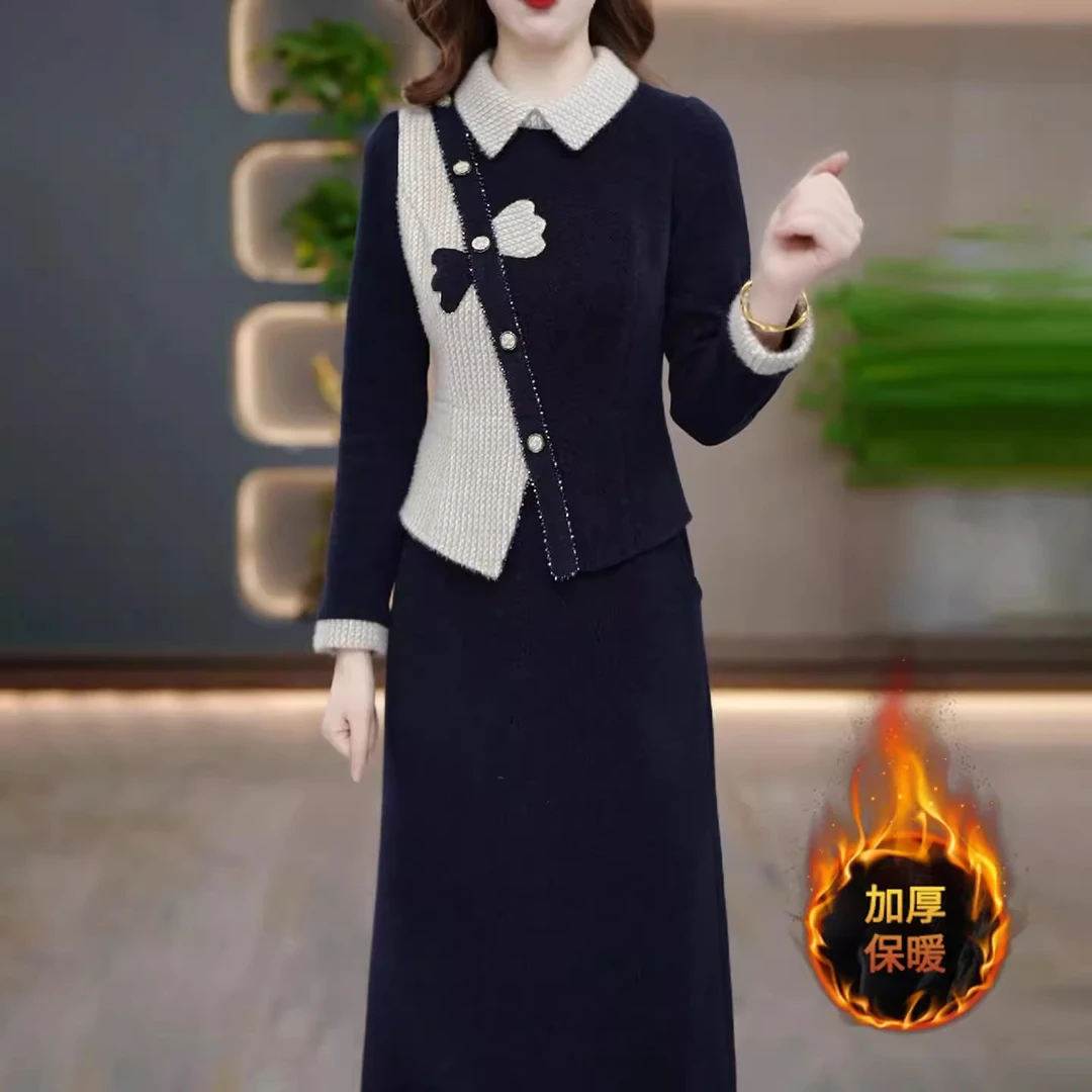 长袖连衣裙假二件保暖休闲气质修身2025秋冬新款优雅大气新款显瘦