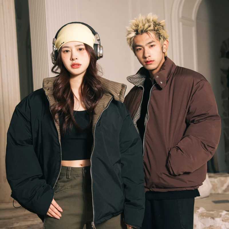 SOSTINE「千鸟格 双面穿」多形态男女同款宽松磨毛感冬季棉服外套