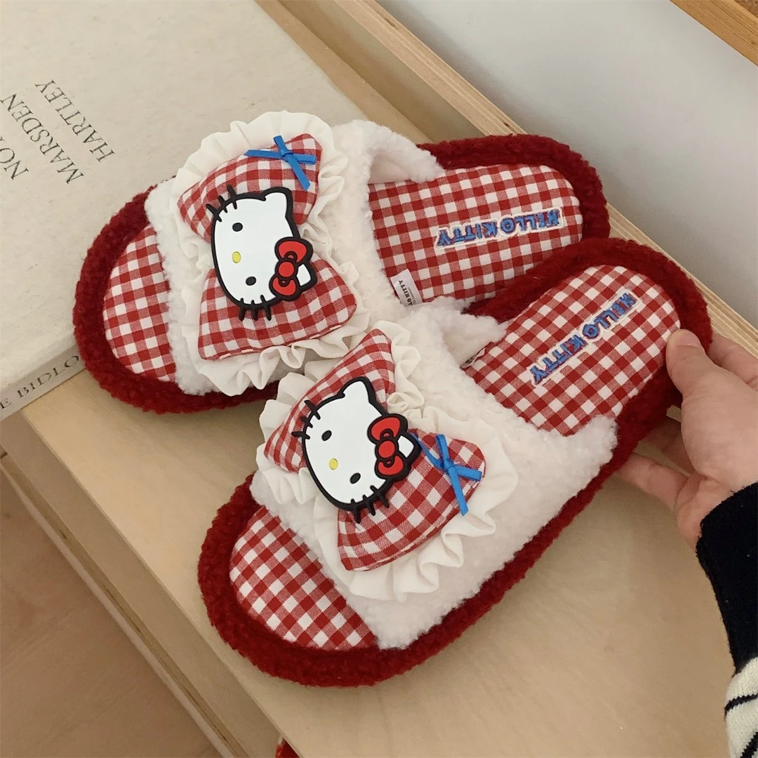 学生居家软底一字地板棉拖鞋正版HelloKitty防滑毛毛拖鞋女冬