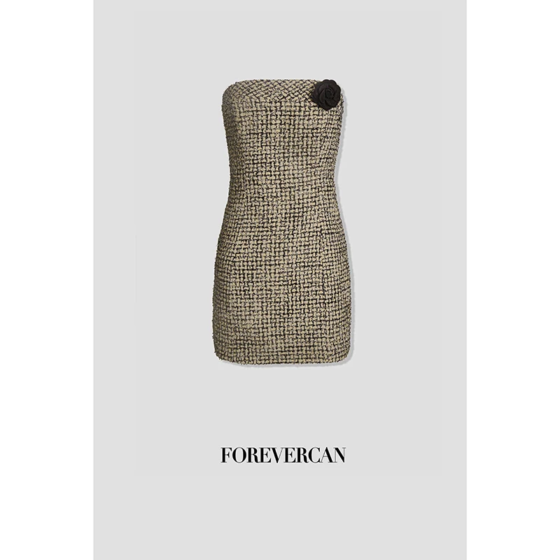 FOREVERCAN“巴黎诗集”小香粗花呢立裁抹胸收腰连衣裙 SD21444
