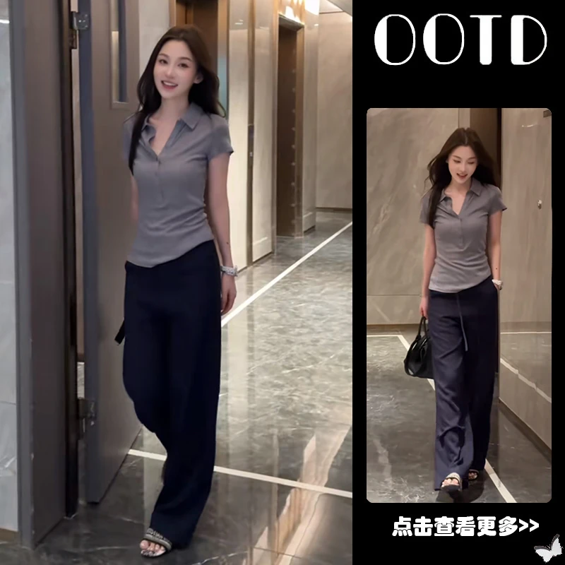夏季流行穿搭一整套女2025新款韩版翻领短袖T恤百搭阔腿裤两件套