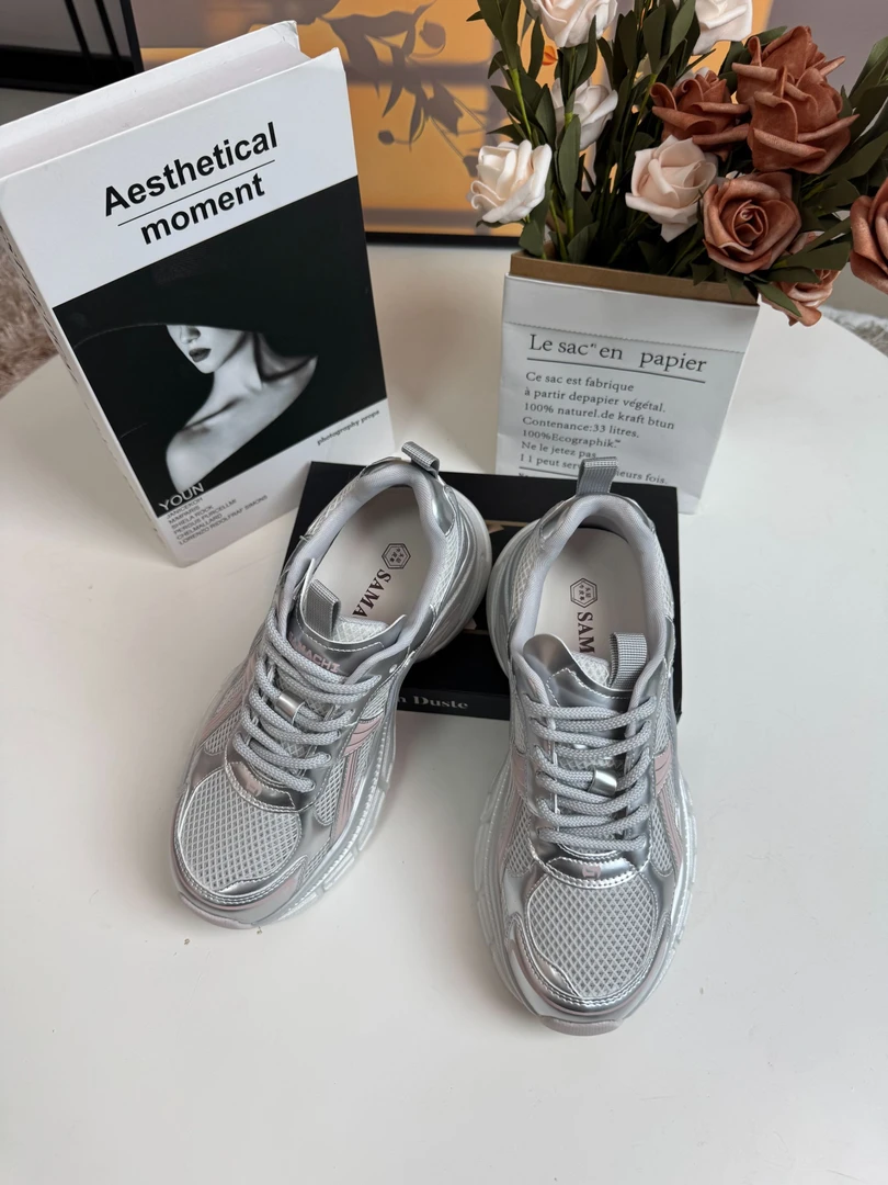 萨玛驰2025款真皮网面透气厚底增高时尚休闲百搭潮流老爹鞋女鞋