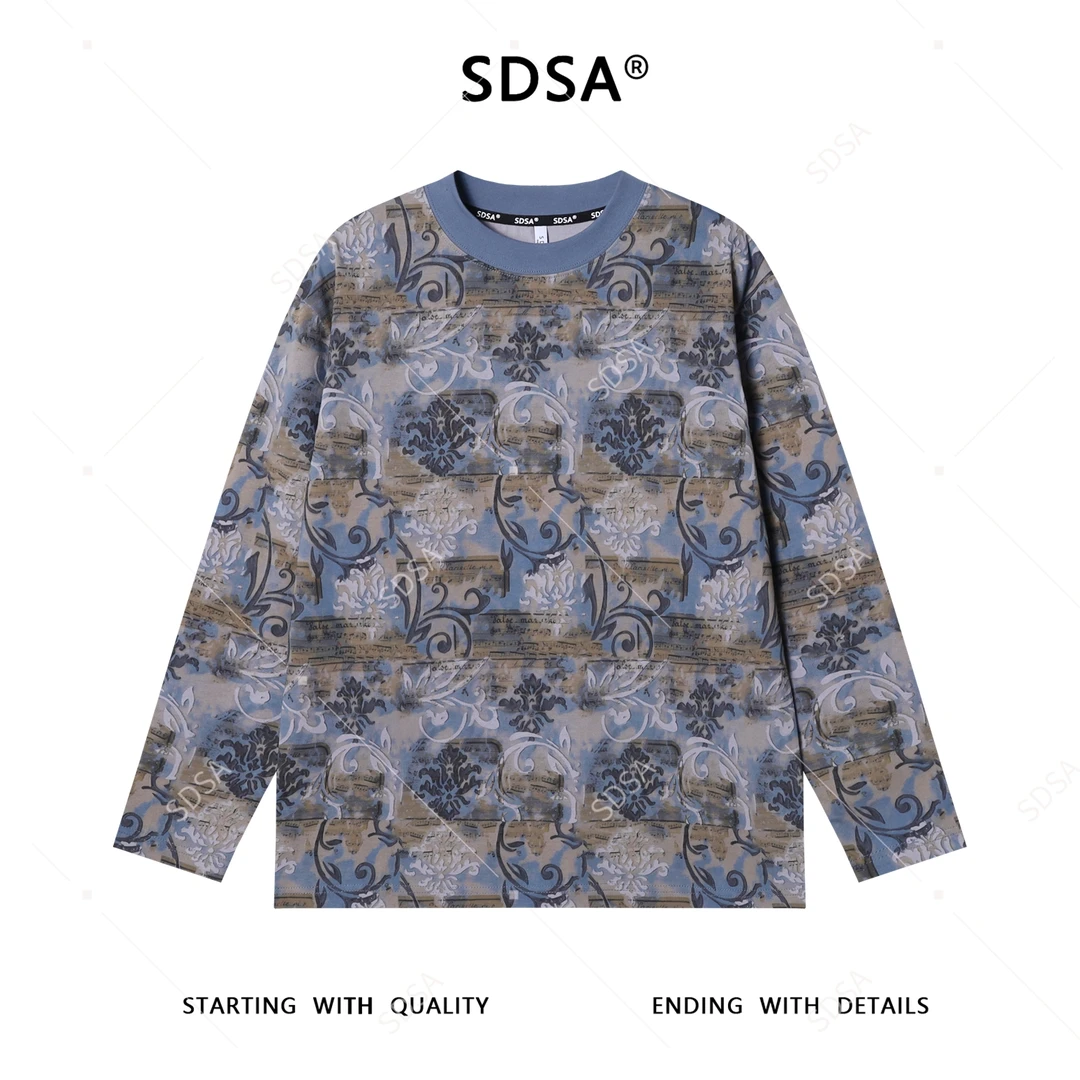 SDSA男士秋冬新款痞帅男装扎染复古满印圆领长袖T恤百搭宽松潮牌