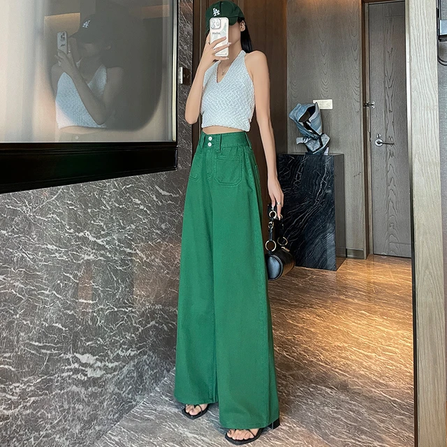绿色牛仔裤女大阔腿宽腿2025夏高腰宽松复古港风微喇拖地休闲裤子