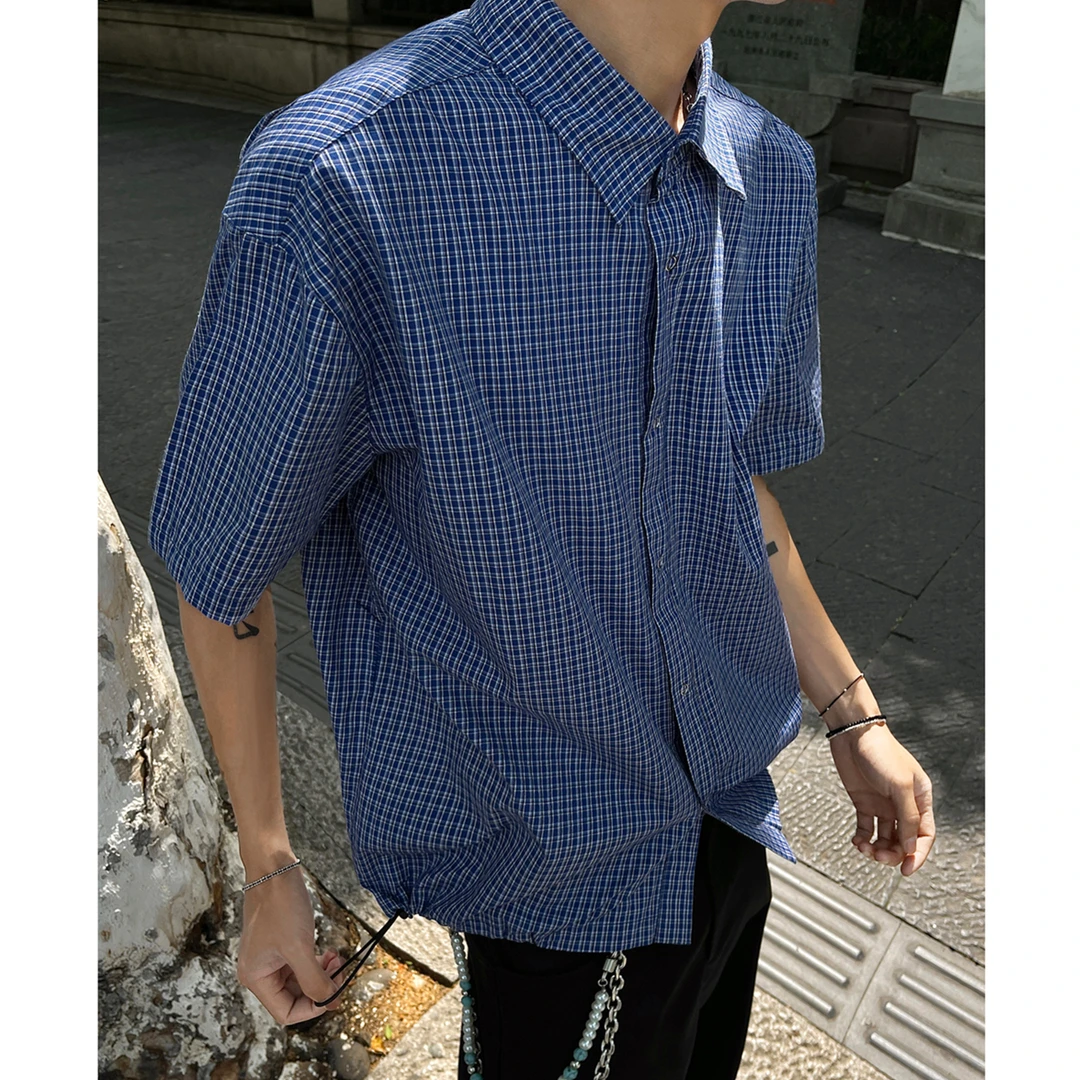 夏季蓝色格子抽绳短袖衬衫男士潮时尚百搭cleanfit宽松短款上衣