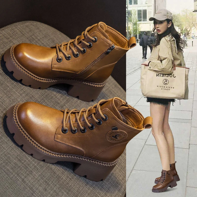 2025新款英伦风厚底爆款短靴休闲防滑复古小个子内增高马丁靴女