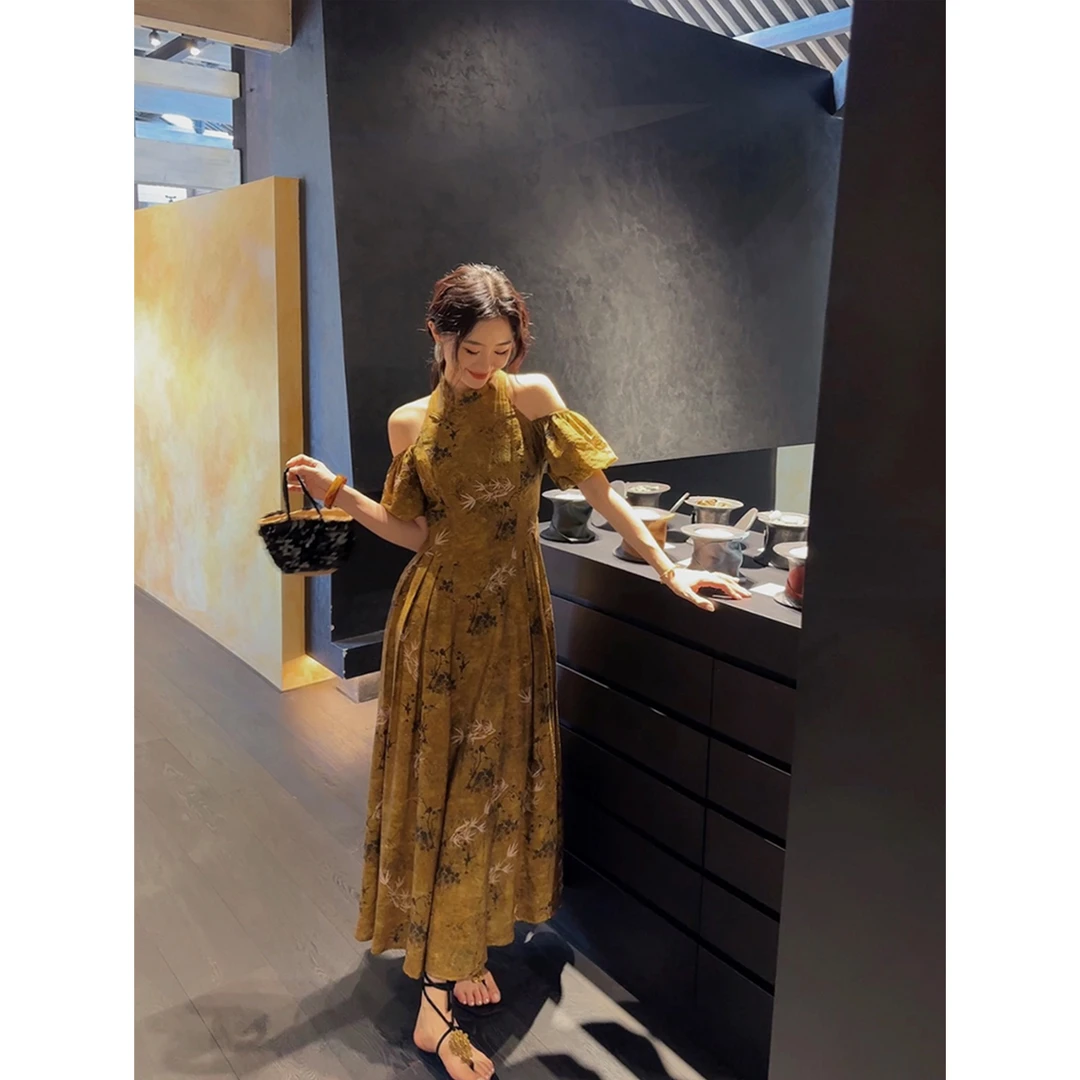 【云c的专属】三吉黑花【幽兰】2024夏季女国风露肩挂脖连衣裙冷淡系