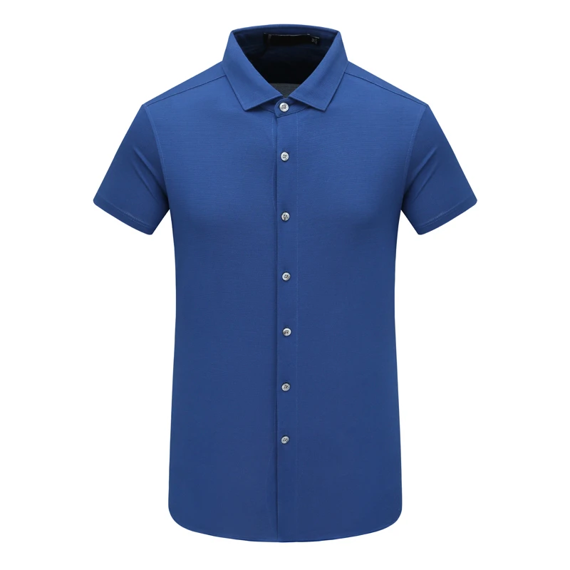SF521圣男式夏季短袖衬衫 蚕丝翻领开衫休闲商务上衣 深蓝色