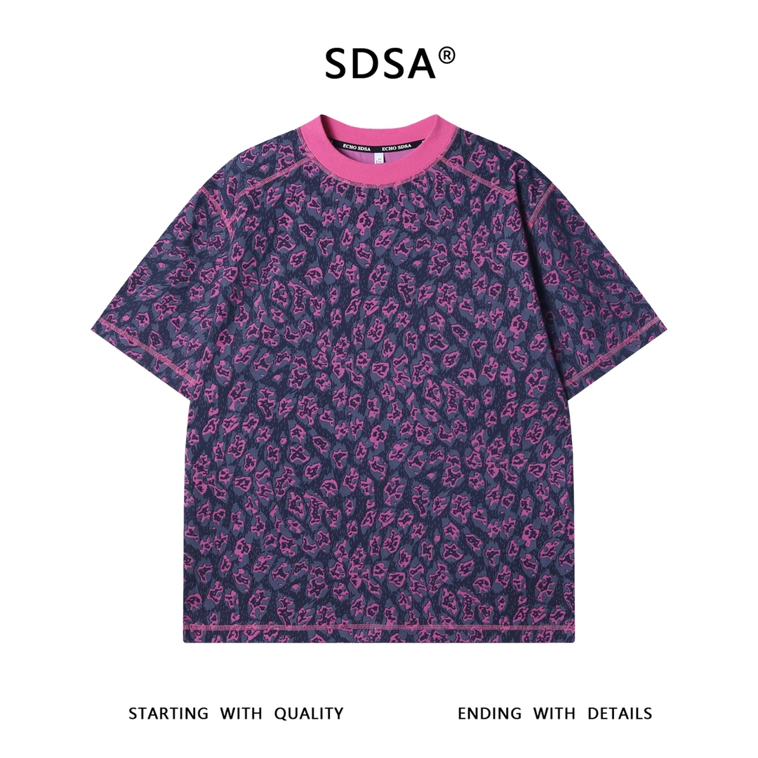 夏季高级感新款美式抽象撞色割破圆领短袖T恤百搭潮流套头上衣