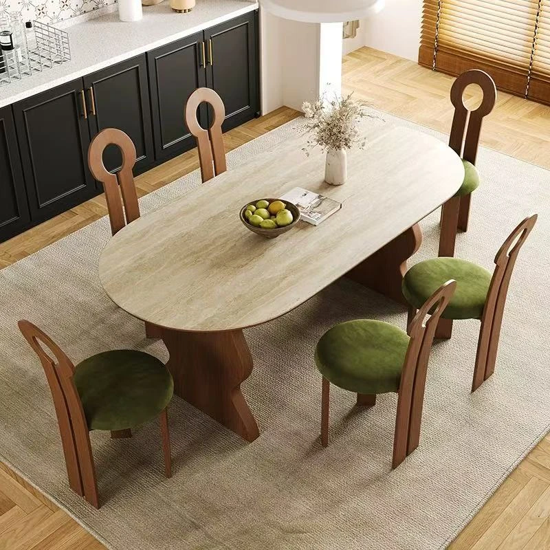 法式复古岩板餐桌椅组合方桌胡桃木色北欧实木侘寂中古风洞石餐桌