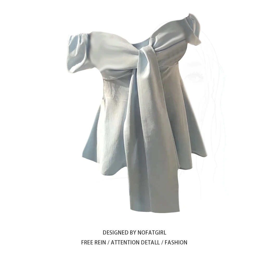 大码胖MM韩系辣妹一字肩短袖T恤女夏季2025新款绑带设计感上衣ins