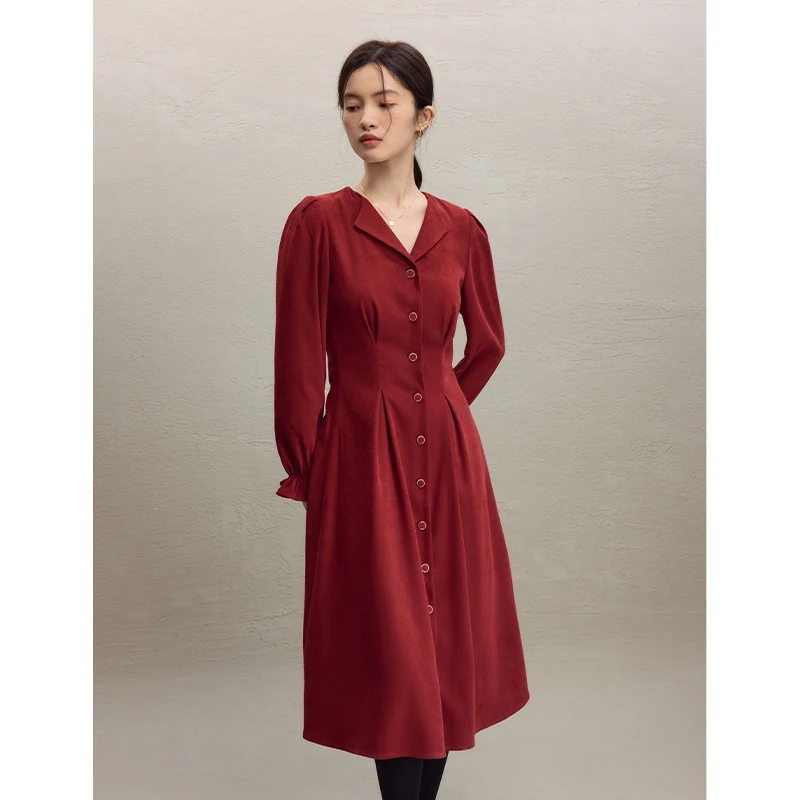 自巧小个子女装穿搭收腰显瘦红色衬衫连衣裙气质长款裙 23ZQ94296