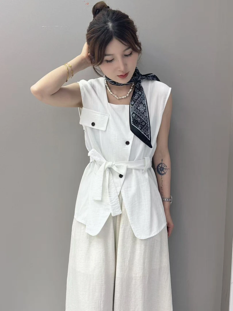 【雾空上新】法式方领系带收腰无袖衬衫女夏季新款韩系设计感上衣