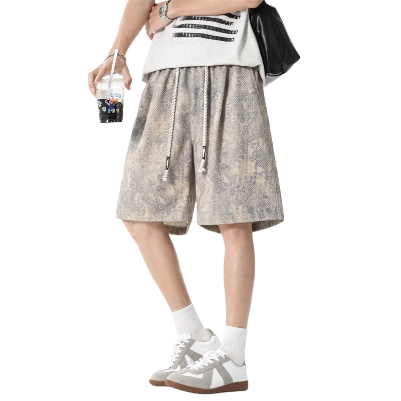 夏季潮流扎染直通短裤男休闲加肥加大码宽松百搭帅气阔腿五分裤子