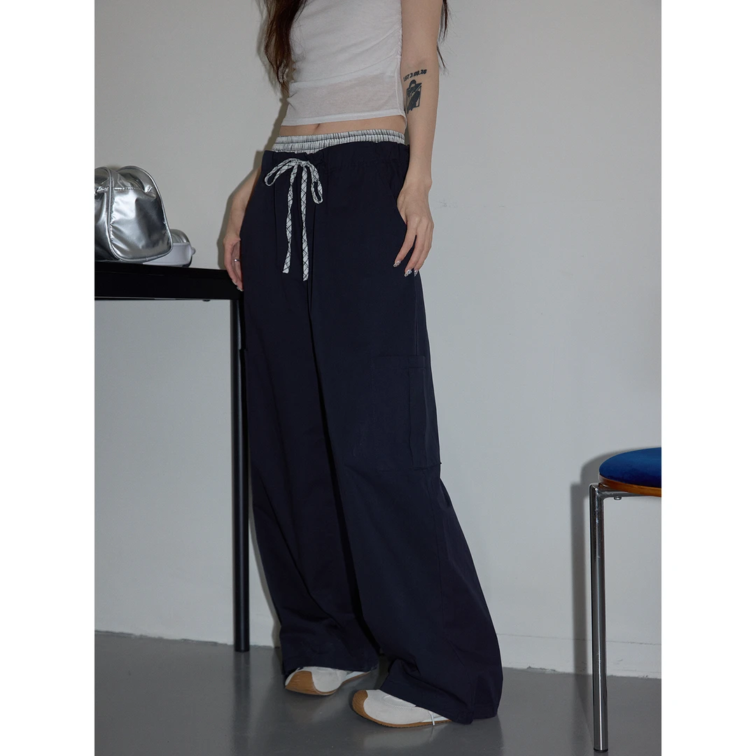 【吵吵家】设计感假两件休闲裤女2025夏慵懒宽松垂感直筒拖地阔腿裤