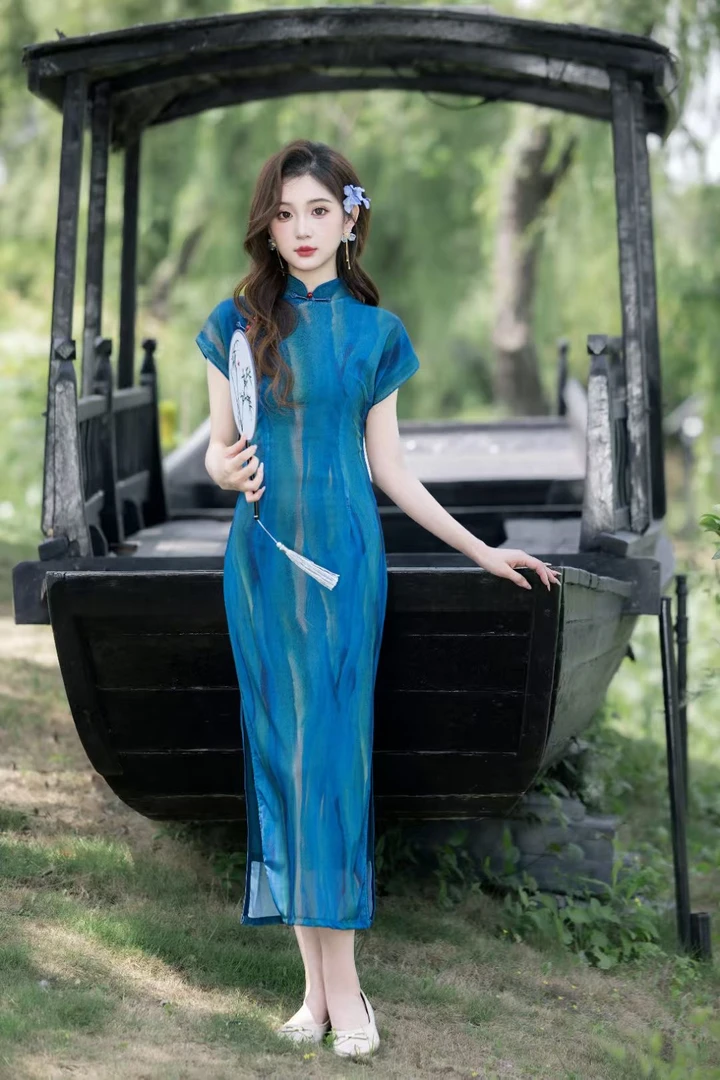 如愿｜春夏新款弹力网纱年轻气质时尚日常复古港风短袖旗袍裙128cm