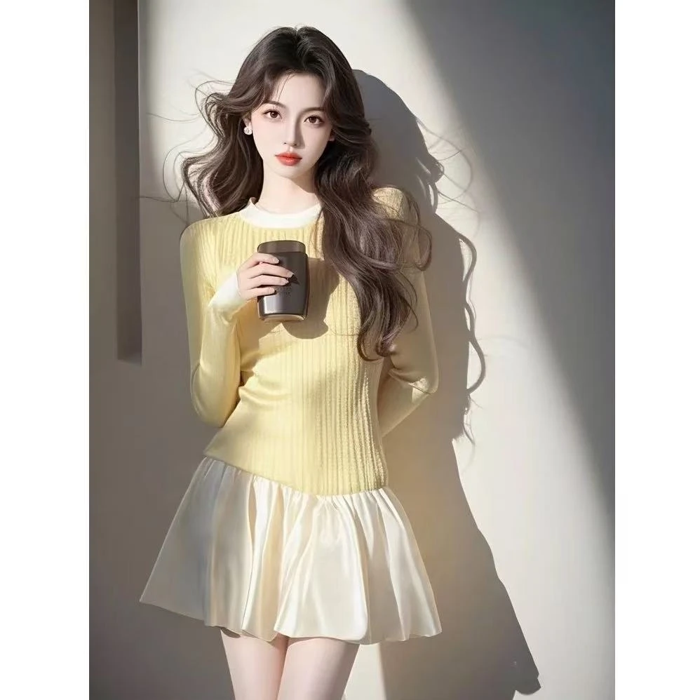 法式百搭千金风长袖连衣裙女春季新款高级感修身显瘦黄色A字裙