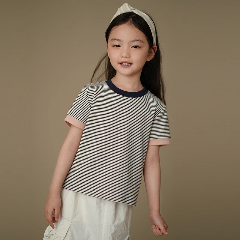 哈齿童装男童夏装条纹t恤2025新款圆领女童针织上衣短袖15岁大童