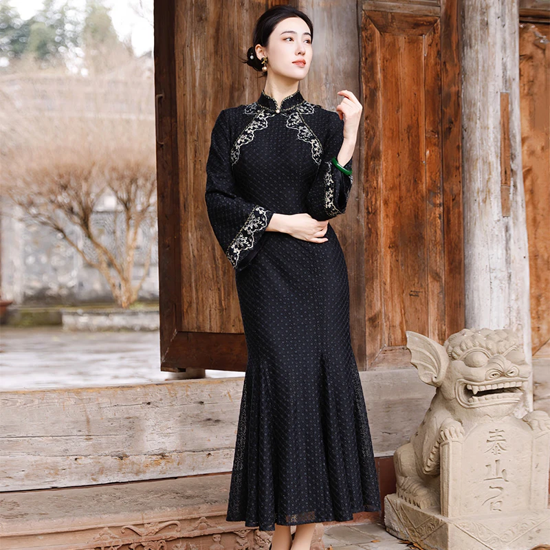 【夜语兮】新中式花边装饰修身鱼尾蕾丝旗袍裙时尚气质连衣裙裙子