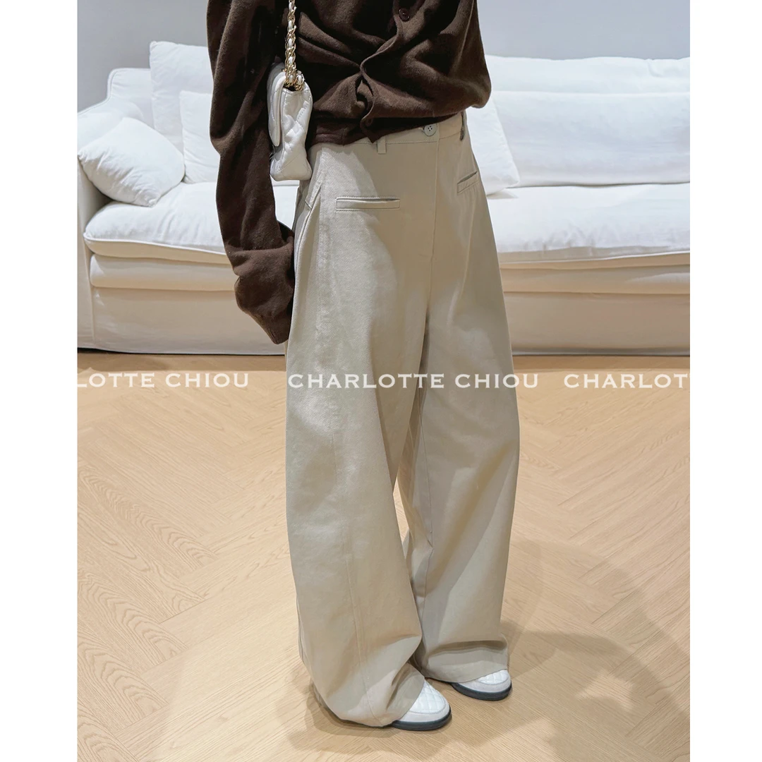 CHARLOTTE CHIOU诠译型感 解构设计感全棉磨绒斜纹肌理显瘦阔腿裤