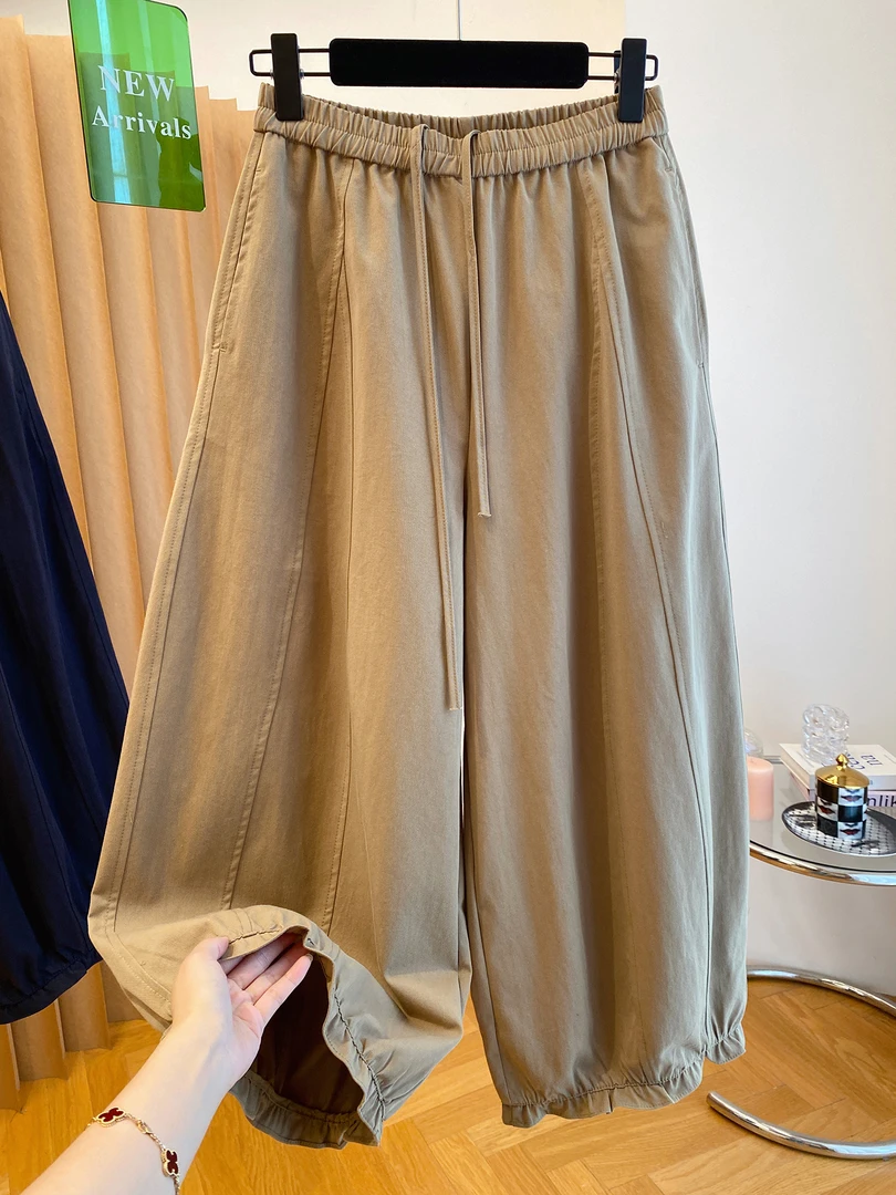 高级感木耳边宽松卡其色系带花苞阔腿休闲裤时尚百搭直筒裤九分裤