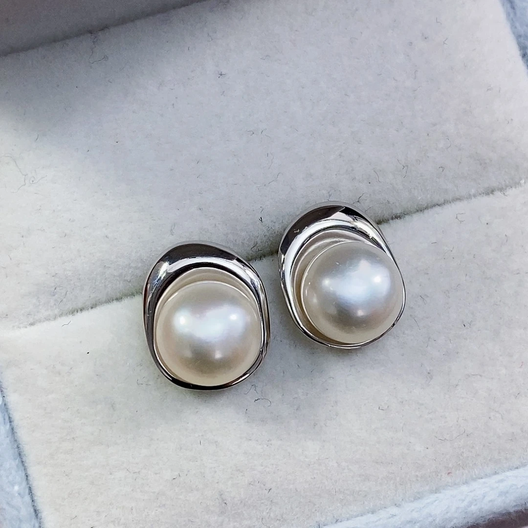 淡水珍珠特价不退换淡水极光耳饰银S925镶嵌